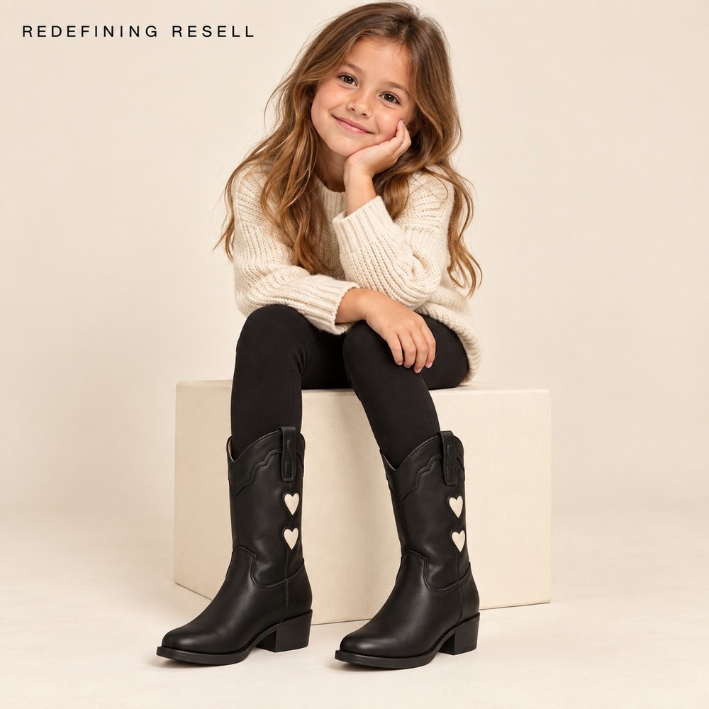 Rylee + Cru Kids Western Boot Black Faux Leather Heart Inlay Size 10 NEW